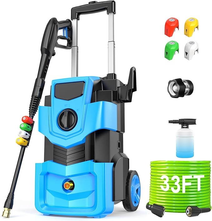 Adjustable Electric Pressure Washer 5000PSI with 33FT Flexible Extension Hose + 34FT Power Cord, 4 Nozzles, Foam Cannon, Best Power Washer for Cars, Patios, Driveways, Blue