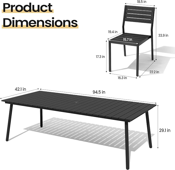 11-Piece Outdoor Dining Set for 10 Person with Black Wood-Grain Top | Armless Stackable Chairs with 19.4" Seat Depth, Aluminum Frame Dining Furniture with Umbrella Hole for Deck, Porch & Backyard