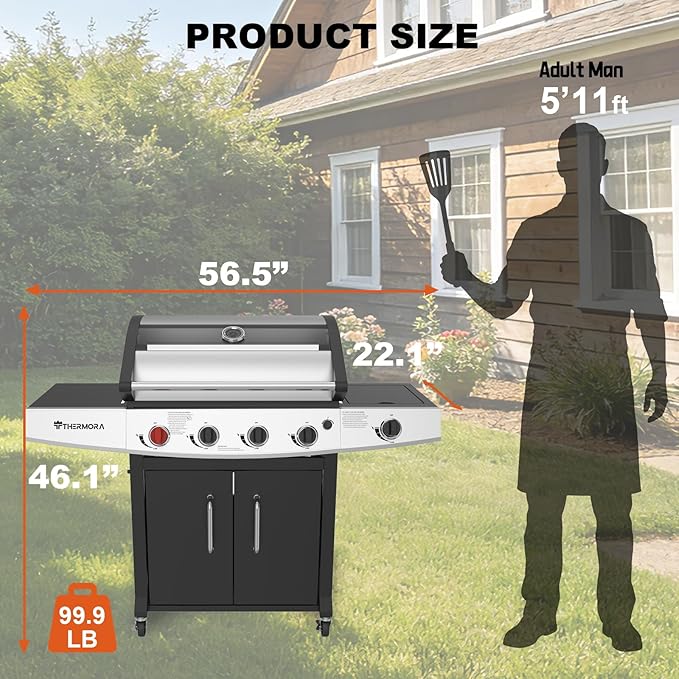 5 Burners Propane Gas Outdoor Grill 62000 BTU, 645 Sq.in, Side Burner, Porcelain-Enameled Grates, Stainless Steel Propane Grill Outdoor Cooking, Patio Garden Family Barbecues Party (5 Burners)