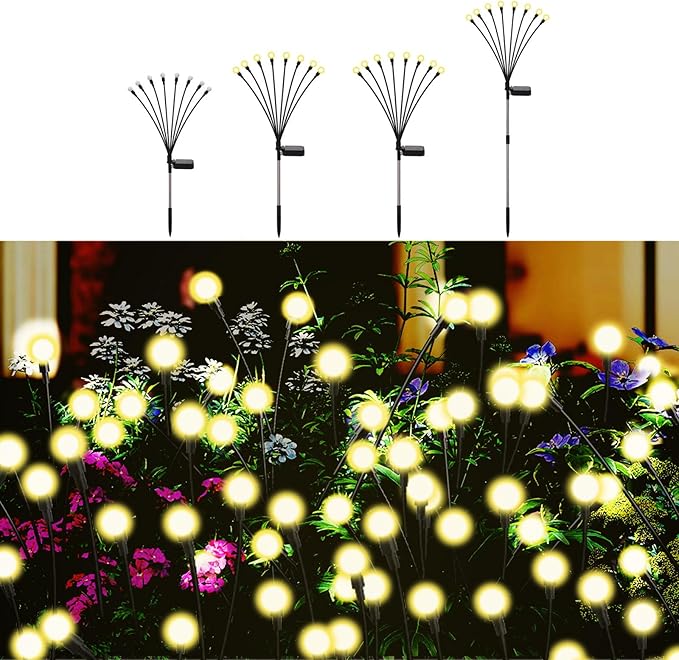 Solar Firefly Lights Outdoor, 8 Modes 800mAh Swaying Flashing Firefly Garden Lights Solar Powered Waterproof for Outside Yard Patio Pathway Lawn Christmas Garden Decor Warm White (4 Pack)