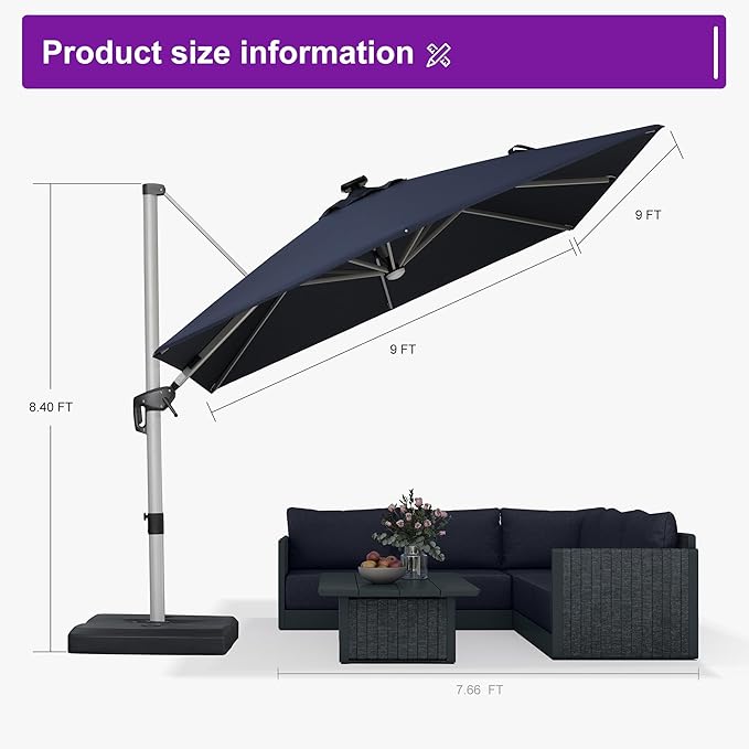PURPLE LEAF Patio Umbrella with base 9 Feet Outdoor Square Cantilever Umbrella Solar Powered LED with 360-degree Rotation for Garden Deck Pool Patio, Navy Blue