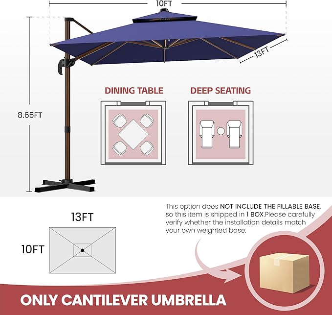 GENTEACO 10x13FT Wood Pattern Cantilever Patio Umbrella, Double Top Rectangle Offset Umbrella 7 Angle Tilts & 360° Rotation, Large Heavy Duty Outdoor Sun Umbrella for Pool Market, Navy Blue