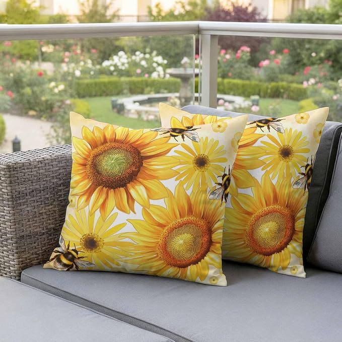 Outdoor Throw Pillow Covers,Rustic Sunflower Yellow Flower Waterproof Decorative Pillowcases Cushion Cover Spring Farmhouse Floral Bee Pillow Cases for Patio Couch Sofa Bed,26x26in Set of 2