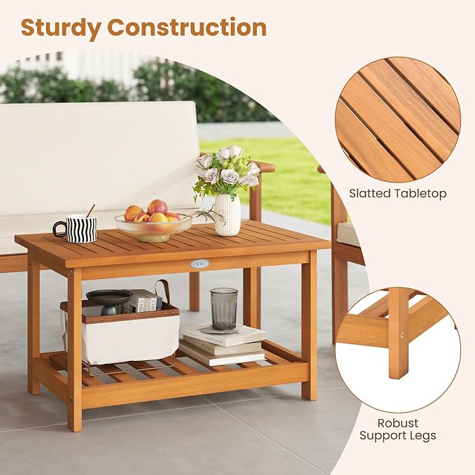Tangkula Outdoor Acacia Wood Coffee Table, Patio 29.5” Rectangle Slatted 2 Tier Coffee Table with Storage Shelf, for Outside Balcony Patio Poolside