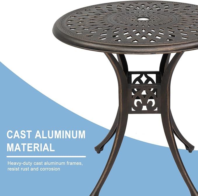 30 inch Round Patio Table, Cast Aluminum Outdoor Table, Outdoor Dining Table with Umbrella Hole, Small Bistro Table for Garden, Yard, Bronze