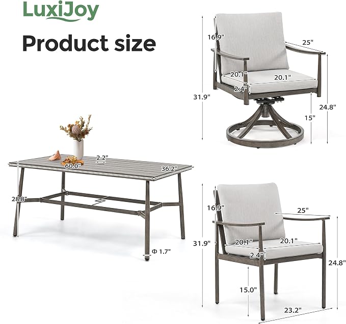 7-Piece Outdoor Dining Set for 6, Aluminum Dining Set with Cushions, 4 Dining Chair and 2 Swivel Chairs with Rope Backrest, Large Rectangular Table with Umbrella Hole for Lawn Porch Yard,Grey