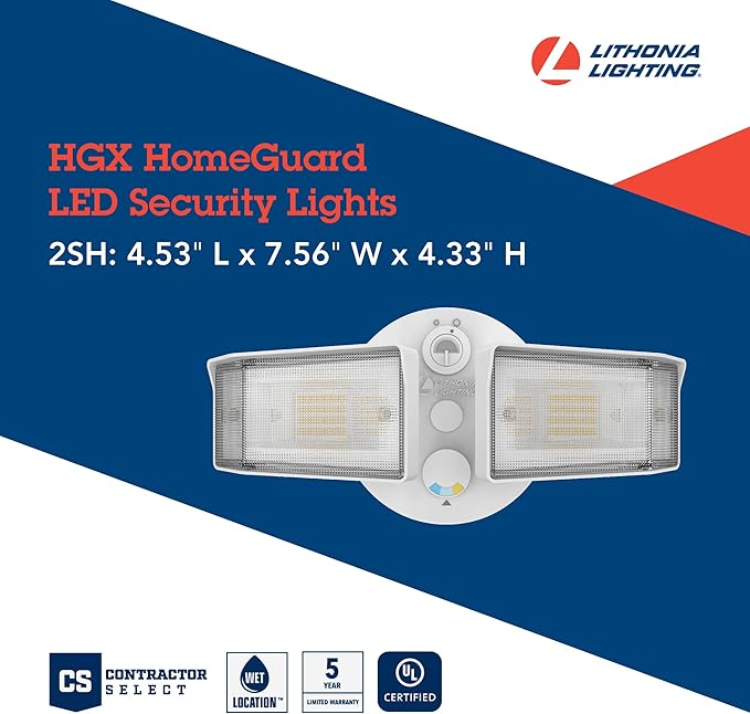 Lithonia Lighting HomeGuard 2-Light LED Outdoor Flood Lights, Outdoor LED Lights, Dusk to Dawn Sensor, Adjustable Lumens, Selectable Color, Square Heads, White (HGX LED 2SH ALO SWW2 120 PE WH M2)