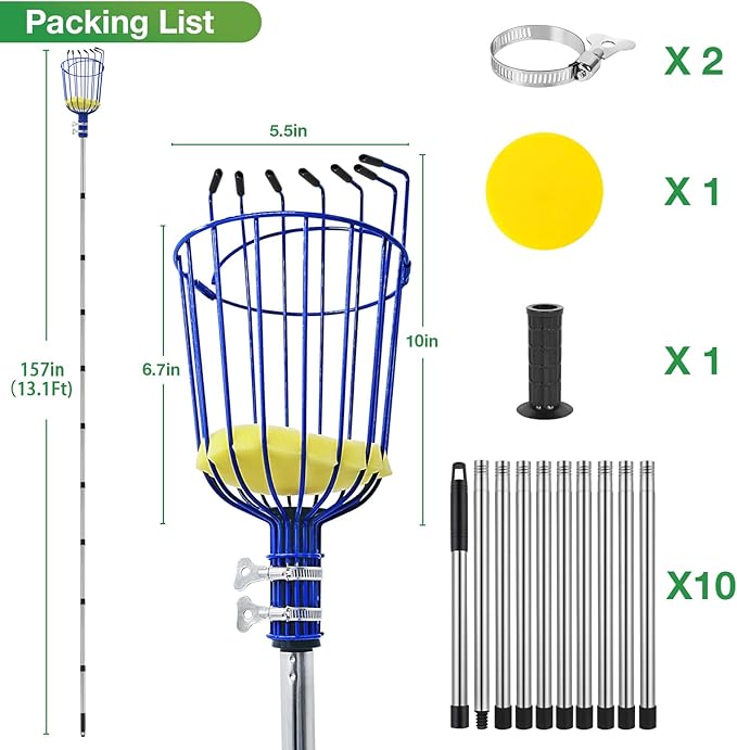 RAIN SPIRIT Fruit Picker Pole with Basket Telescoping tool extension fruit Picker rod, apple pear orange picking equipment, nut picking basket with stainless steel rod (blue, 13.1FT)