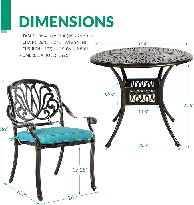 VIVIJASON 3-Piece Patio Bistro Sets, All-Weather Cast Aluminum Bistro Table Set Outdoor Patio Furniture, Include 2 Cushioned Chairs and 35.4" Round Table, 2" Umbrella Hole, Ocean Blue Cushion