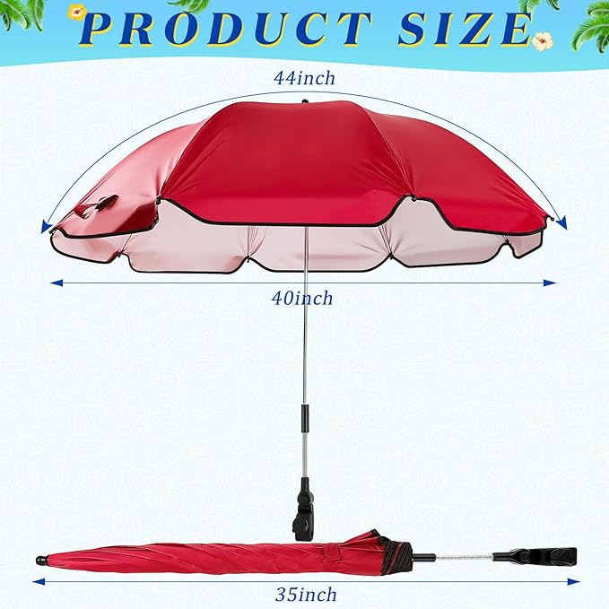 Buryeah 2 Pcs Beach Chair Umbrella Automatic with Universal Adjustable Clamp 44" UPF 50+ Portable Clamp on Beach Chair for Wheelchair Patio Golf Carts Camping