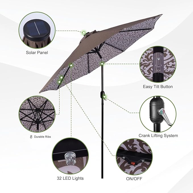 Backyard Expressions 9FT Solar Patio Umbrella with 32 LED Lights, UPF50+ UV Protection, Fade-Resistant Fabric, Easy Tilt & Crank, Outdoor Umbrella for Patio, Deck & Pool (Base Not Included)