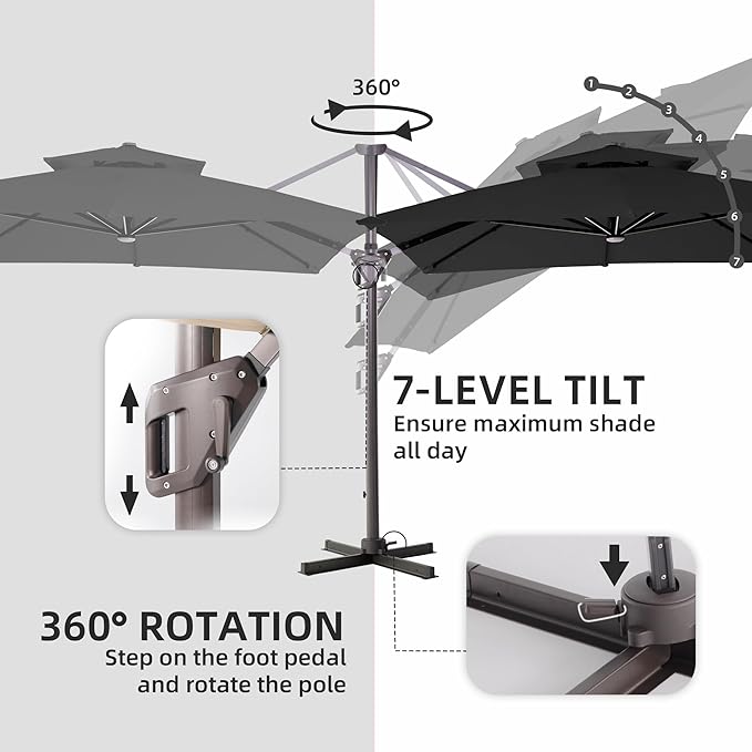9 X 12 FT Cantilever Outdoor Patio Umbrella with LED Lights Large Heavy Duty 360° Rotation Double Top Offset Rectangular Umbrellas for Backyard Garden Pool Outside Deck, Black