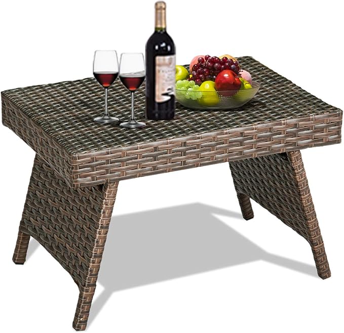 Tangkula Outdoor Folding Wicker Table, Heavy Duty Rattan Foldable Standing Coffee Side Table, for Patio Poolside Lawn Garden Balcony