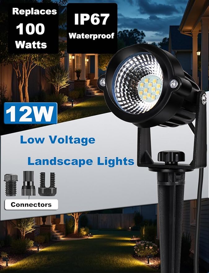 12W Landscape Lights Low Voltage LED Landscape Lighting Spotlight Waterproof Garden Pathway Christmas Decorative Lights Outdoor, 20 Pack with Connector (Warm White 3000K)