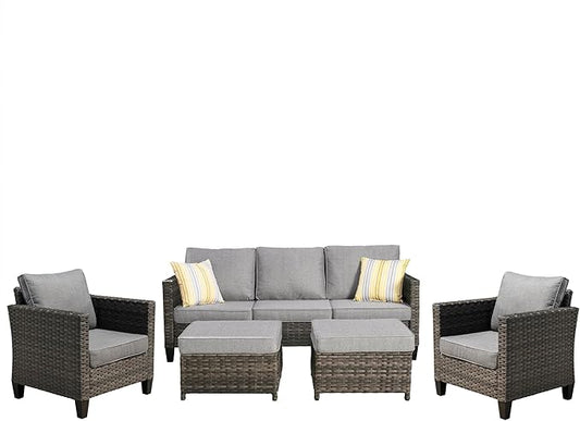 HOOOWOOO 5-Piece Luxury Patio Furniture Set– Stylish, Comfortable Outdoor Rattan Sofa Set with 2 Chairs, 2 Ottoamns, Weather-Resistant Patio Conversation Set for Deck, Garden, Balcony (Dark Grey)