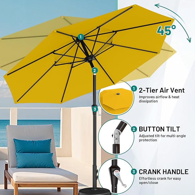 AreShark 9ft 2 Tiers Patio Umbrella - Outdoor Umbrella Waterproof UV Protection, Market Table Umbrella w/Push Button Tilt&Crank for Pool, Porch, Garden(Yellow)