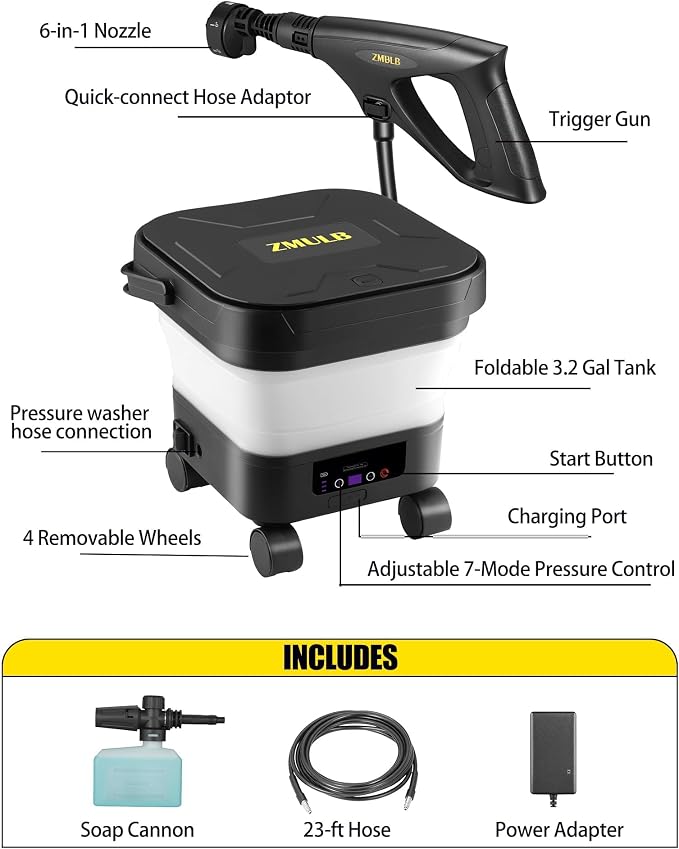 Portable Cordless Pressure Washer with Water Tank, Battery Powered Power Washer for Car Washing, RV, Camping, Patio & Outdoor Cleaning