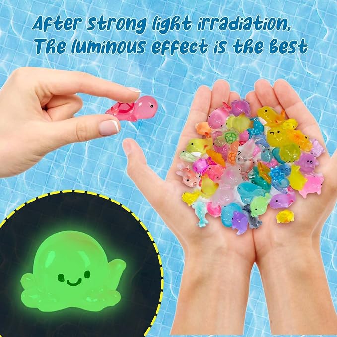 FEXIA 50 Pcs Ocean Mini Resin Animals Tiny Aquariums Decor Glow in The Dark Resin Figures Luminous for Garden Landscape Sea Decor DIY