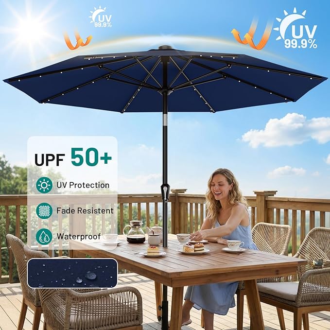 AreShark 9FT Patio Umbrella with Solar Lights, 32 Lighted Pool Umbrella w/Tilt and Crank, Outdoor Market Solar Umbrellas for Garden, Deck, Backyard, Pool and Beach, Navy