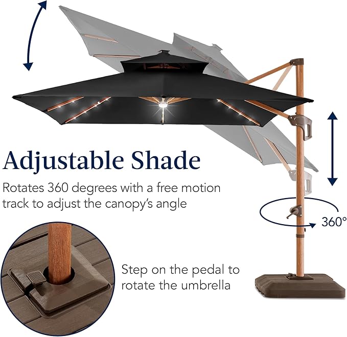 Best Choice Products 10ft Square Cantilever Patio Umbrella w/Base Included, Woodgrain Pattern Pole & Solar LED Lights, 360-Rotation, Offset Hanging Outdoor Shade