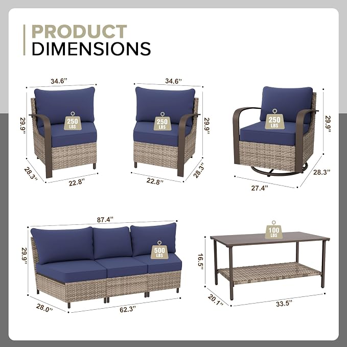 COOS BAY Aurora Terrace 6 Piece Outdoor Sectional Furniture Set, Half Moon Rattan Wicker Conversation Set with Swivel Chairs, 5 Seat Sofa & Coffee Table for Patio Garden Yard, Beige/Blue