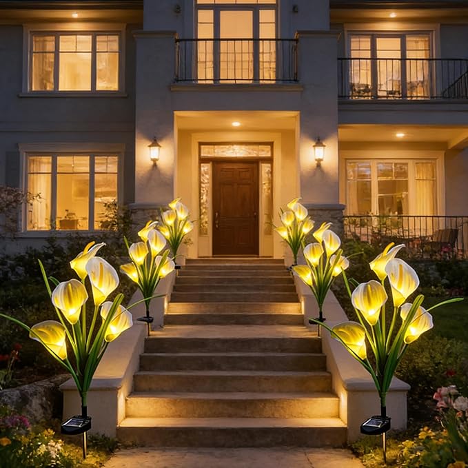 2 Packs Calla Lily Solar Flowers Outdoor Waterproof - Decorative Solar Lights Outdoor for Garden Yard Pathway, Grave Flowers for Cemetery,Mother's Day, Father's Day, Memorial Day & Heaven Birthday