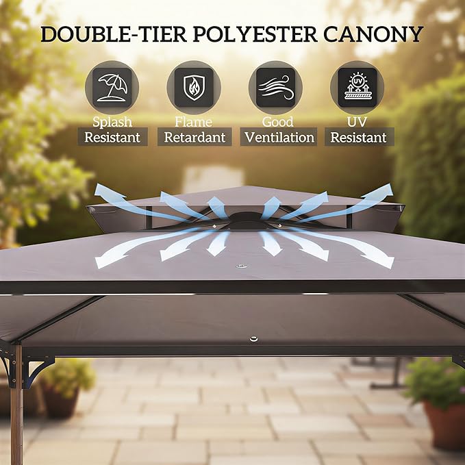 Outsunny 8' x 5' Grill Gazebo, Double Tier Outdoor BBQ Gazebo Shelter with 2 Side Shelves & 10 Hooks, UV and Water Resistant, Barbecue Grill Gazebo for Patio, Garden, Backyard, Beach