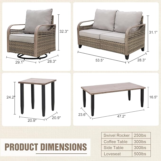 Modern Wicker Patio Furniture Set, Rattan Outdoor Conversation Set with Comfortable Cushions, 2 Swivel Rocing Chairs, 2 SeatLoveseat, Coffee Table and Side Table, 5 Pieces, Brown/Gray