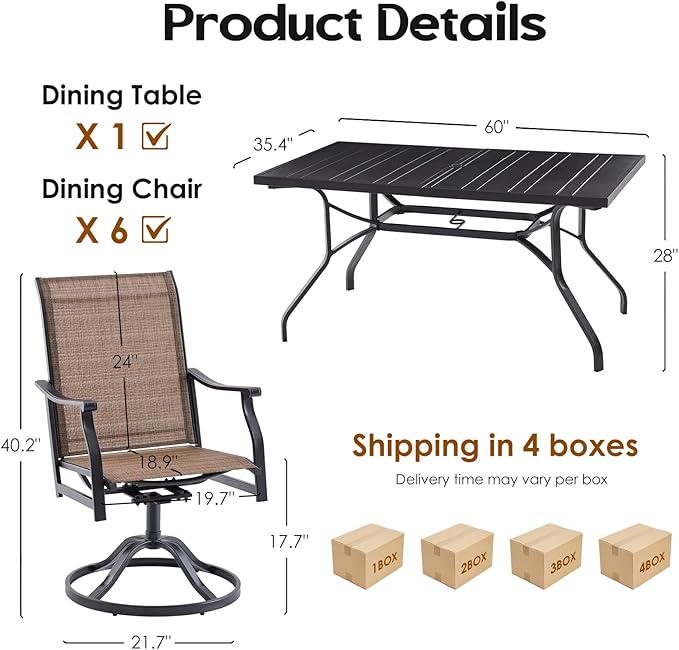 Soohow Outdoor Dining Set for 6, 7-Piece Patio Table and Chairs Set, 6 x Swivel Patio Dining Chairs with Textilene Fabric and 60"x35" Outdoor Table with 1.57" Umbrella Hole for Backyard, Poolside