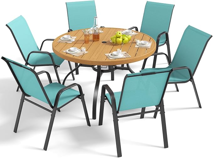Outdoor Patio Dining Set for 6, 7 Pieces Patio Table and Chairs Set with Umbrella Hole, 47"x 47" Round Metal Wood-Grain Dining Table Set with 6 Stackable Patio Chairs for Deck , Backyard, Porch