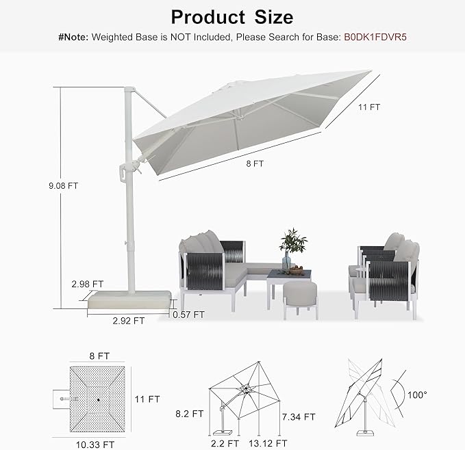 PURPLE LEAF 8' X 11.5' Right-left Tilt Patio Umbrella Swivel White Cantilever Umbrella with Tilt Aluminum Outdoor Umbrella with 360° Rotation for Deck Pool Garden, White