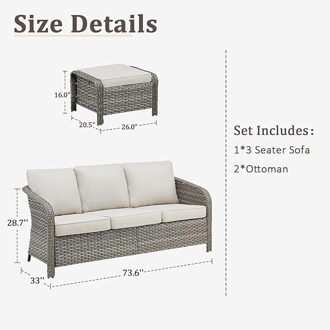 Belord Outdoor Patio Furniture Sofa Set - 3 Pieces PE Wicker Patio Furniture Section Couch with Multifunctional Ottoman, All-Weather Patio Conversation Set for Deck Balcony Garden Grey/Beige