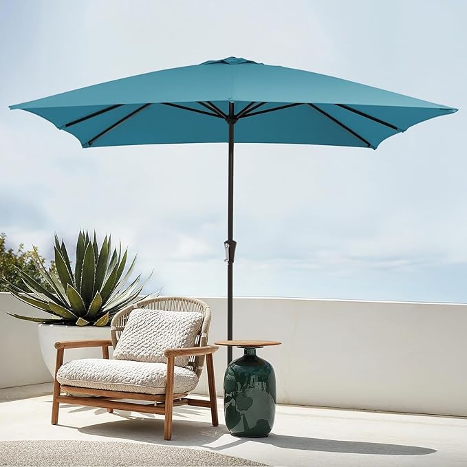 JEAREY 8x10 ft Rectangular Patio Umbrellas Outdoor Table Market Umbrella w/Crank, 8 Sturdy Ribs, UV Protection Windproof Sunproof for Garden, Deck, Backyard, Pool(Cerulean)