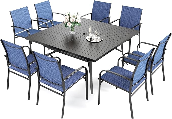 HERA'S HOUSE 9 Pieces Patio Dining Sets, Outdoor Table and Chairs Set of 8, 8 x Blue Textilene Dining Chair, 60" Square Metal Dining Table with 1.57" Umbrella Hole for Lawn Garden Backyard Deck