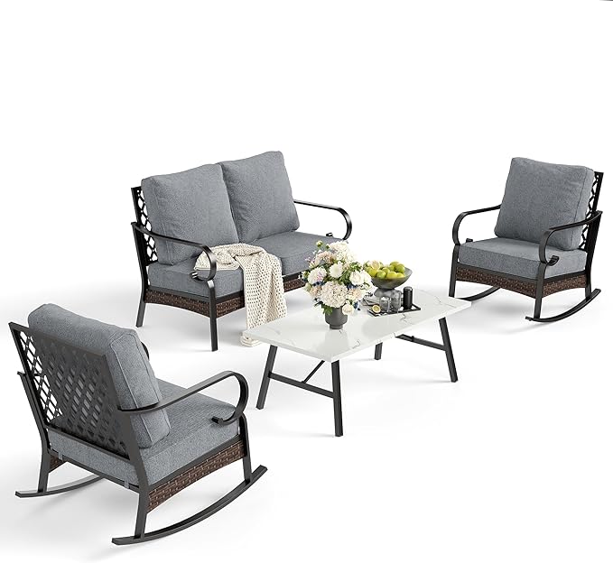 4 Piece Metal Outdoor Patio Furniture Sets, Patio Conversation Sets 1 Loveseat, 2 Rocking Sofa with 5.75" Extra Thick Cushion and Coffee Table, Balck Frame Backyard Furniture, Gray