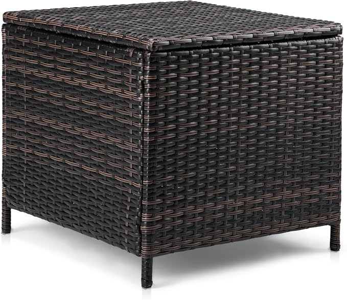 Outdoor PE Wicker Side Table with Storage, Patio Rattan End Table Square Container for Furniture Covers, Toys and Gardening Tools, Brown