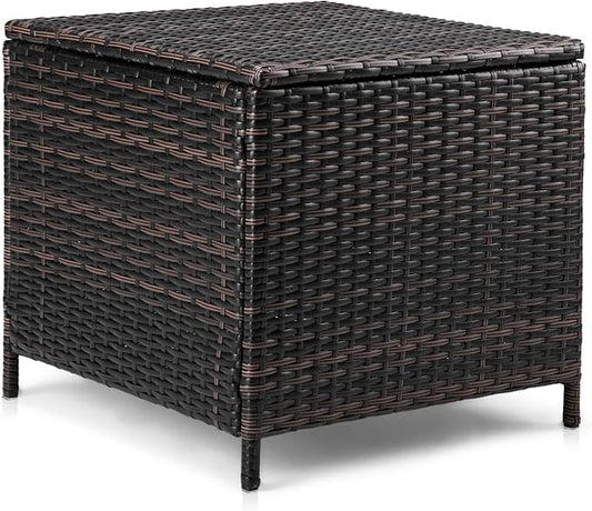 Outdoor PE Wicker Side Table with Storage, Patio Rattan End Table Square Container for Furniture Covers, Toys and Gardening Tools, Brown