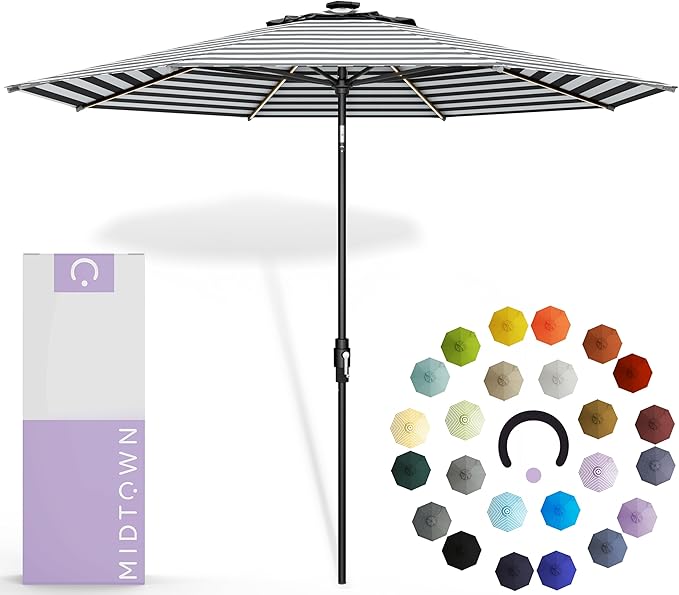 Midtown Umbrellas The LED Swilt 8 Feet Patio Umbrella With Terylast Zebra (Black/White) Polyester Fabric - Auto-Tilt Aluminum Frame With LED Lights For Backyard, Deck, Garden, Pool - Black Pole