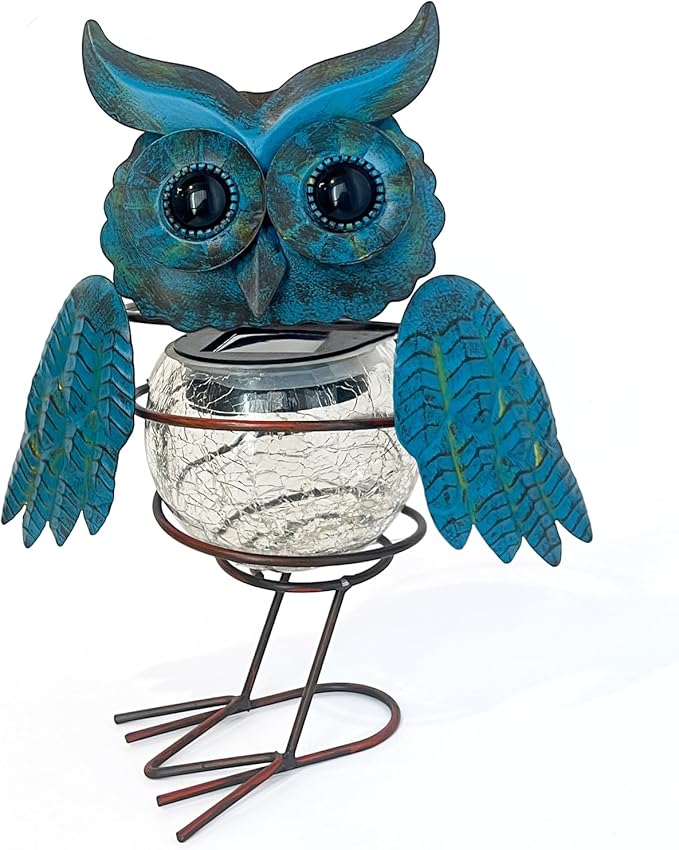 HONGLAND Solar Lights Outdoor Garden Owl Decor, Vibrant Blue Owl Solar Light Outdoor Waterproof with Glowing Crackle Glass Globe, Metal Yard Art Statue for Lawn Porch Patio Outside Garden Decor Gifts