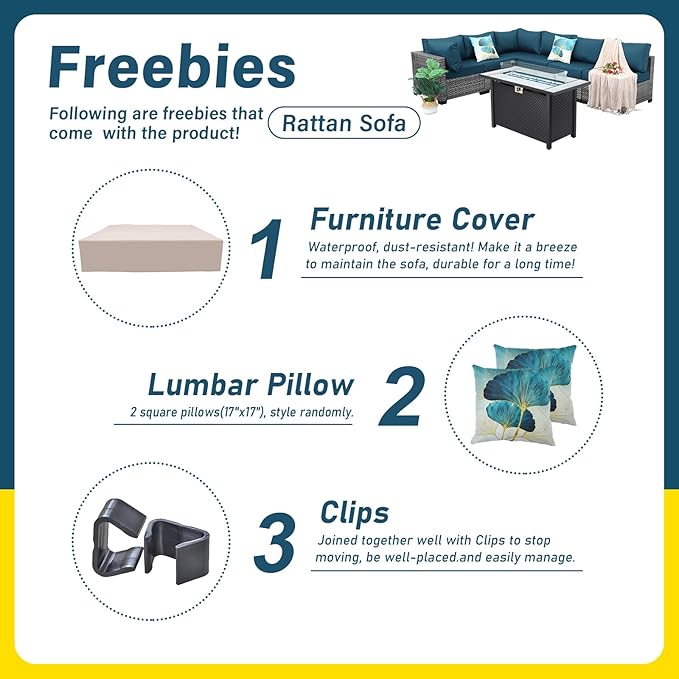 7 Pieces Wicker Patio Furniture Set Rattan Outdoor Sectional Conversation Sofa Set with Fire Pit Table Non-Slip Cushions and Furniture Cover, Peacock Blue