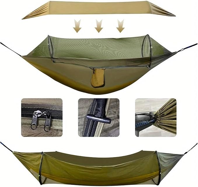 Outdoor Double Hammock with Anti-flip Design, Automatic Speed Open Swing, Mosquito Net, Sunshade Canopy(Army Green)