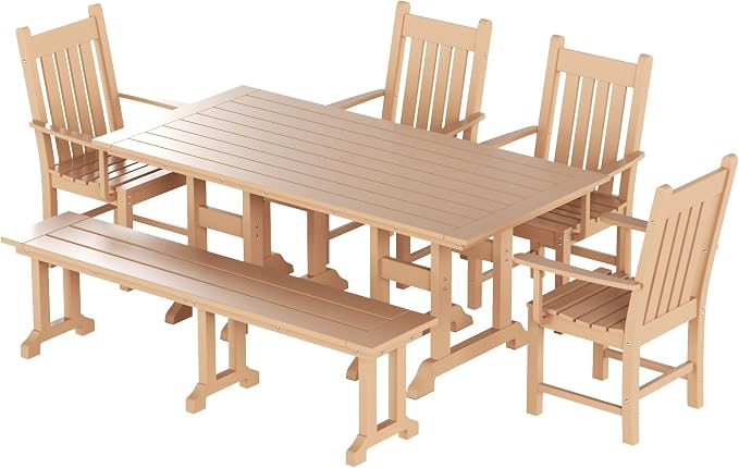 WO Home Furniture Adirondack Patio Dining Chair Table Bench Set of 6 PCS Rectangle Dinner Table Dining Arm-Chairs (Teak)