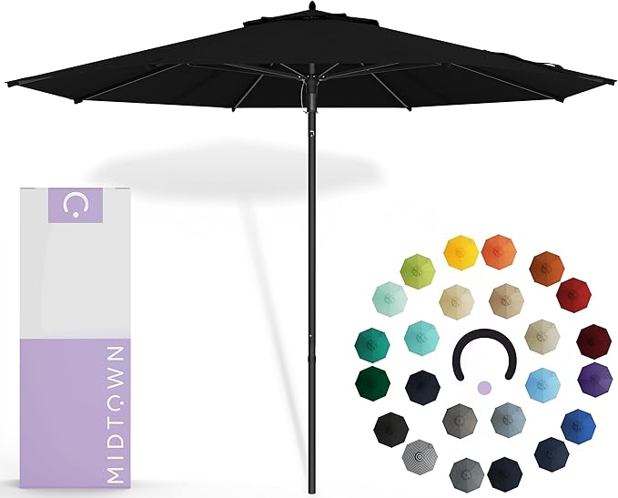 Midtown Umbrellas Push & Pop 9 Ft Patio Umbrellas with Push & Pop Mechanism, Fiberglass Ribs & Sunbrella Fabric – Outdoor Umbrella for Deck, Pool, Cafés and Hotels – Black Canopy, Black Pole
