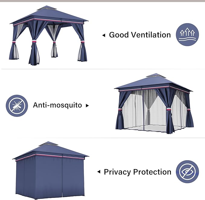 LAUSAINT HOME 10'x10' Outdoor Gazebo, Metal Frame Heavy Duty Patio Canopy Tent Shelter with Double Roofs, Mosquito Nettings and Privacy Screens for Backyard, Garden, Lawn, Classic Blue