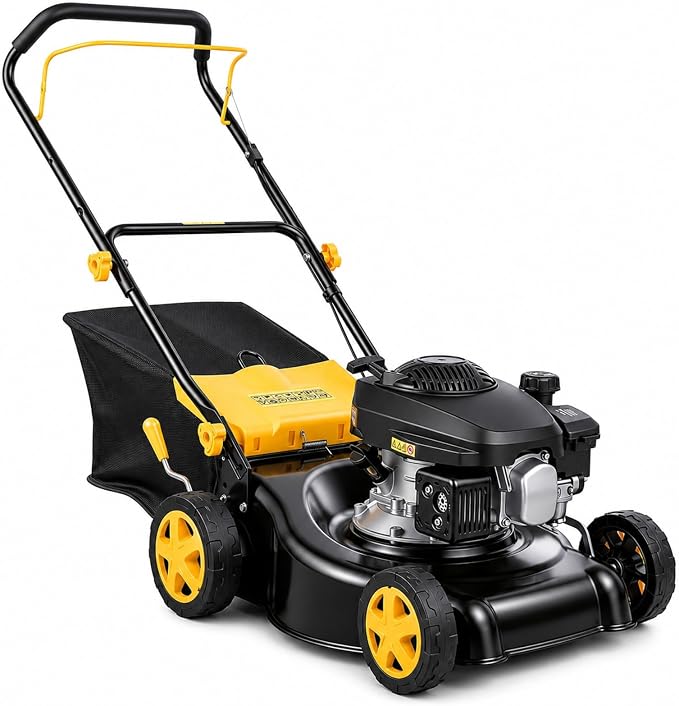 16-Inch Gas Lawn Mower, Push Walk-Behind Lawn Mower with 132cc 4-Stroke Air-Cooled Engine, 8-Position Height Adjustment, 45L Grass Bag, Black Yellow (MAX)