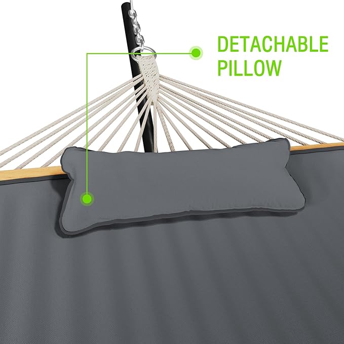 MUPATER 12FT Double Hammock with Stand Included, 2 Person Hammock, Outdoor Quilted Hammock with Stand, Rope Hammock with Pad and Pillow, hamacas para adultos,Grey