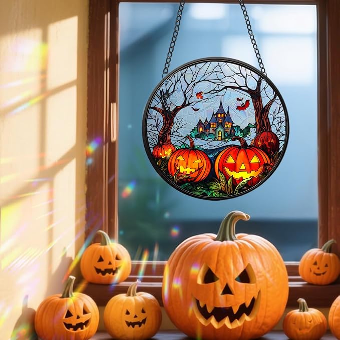 Acrylic Halloween Sun Catcher - 7.87 Inch Pumpkin Round Suncatcher for Window Hanging Decoration - Creates Indoor Rainbows Light Refraction - Spooky Ghost, Witch, Pumpkin Design