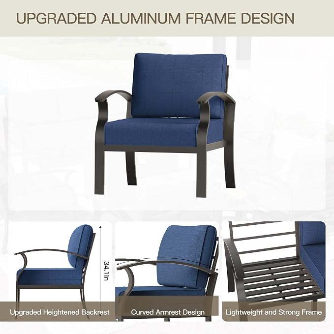 Aluminum Patio Furniture Set with Propane Fire Pit Table,4 Seats Metal Modern Outdoor Furniture w/5.1" Cushions,Patio Sectional w/Swivel Chairs for Patio,Backyard,NavyBlue