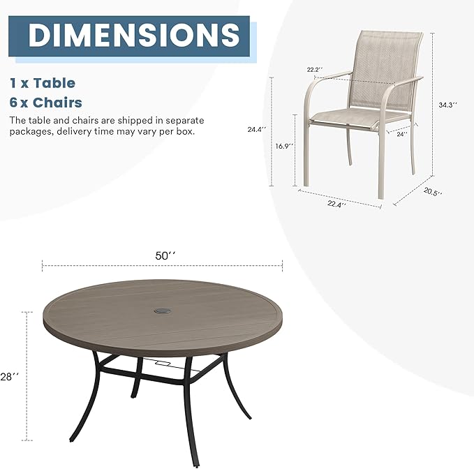 DIFY Patio Dining Set for 6, 7 Piece Outdoor Table and Chairs Set, 50" Grey Wood-Like Round Metal Patio Dining Table and 6 Sandshell Textilene Stackable Patio Chairs, for Backyard Garden Poolside