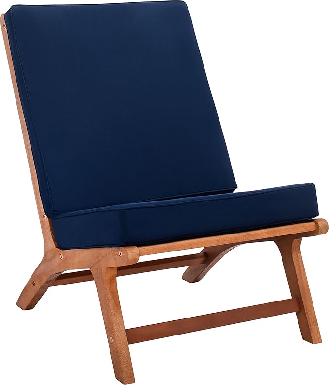 SAFAVIEH Outdoor Collection Chaston Natural Wood/Navy Cushion 4-Piece Conversation Patio Set